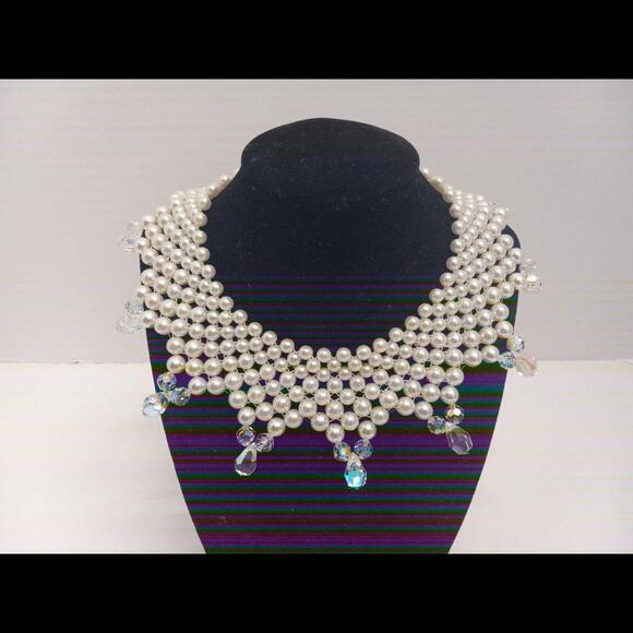 Classic  Faux Pearl 6 Tiered Choker with Crystal Drops - Picture 1 of 9